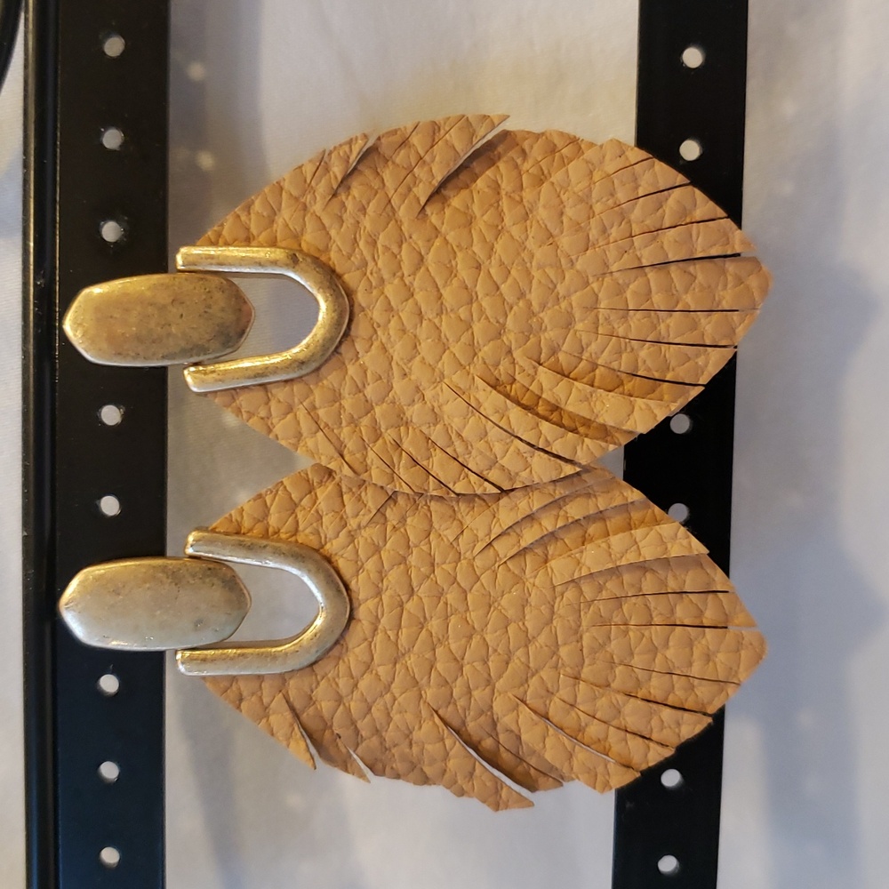 Earrings tan faux leather and gold tone metal. Post Back